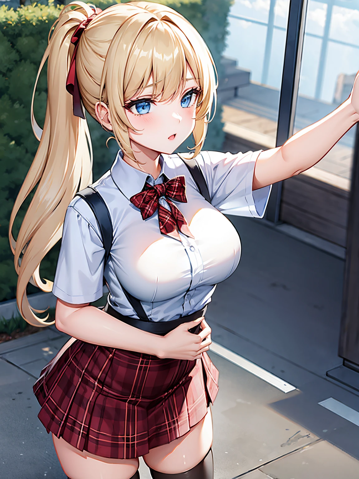 1girl,masterpiece,best quality,blonde hair,(ponytails),blue eyes,(white stockings),(red plaid skirt),short skirt,standing,in full length,medium breasts,white t shirt,in front of streets,extremely detailed,[[realistic]],beautiful alluring anime teen,seductive anime girl,waving skirt