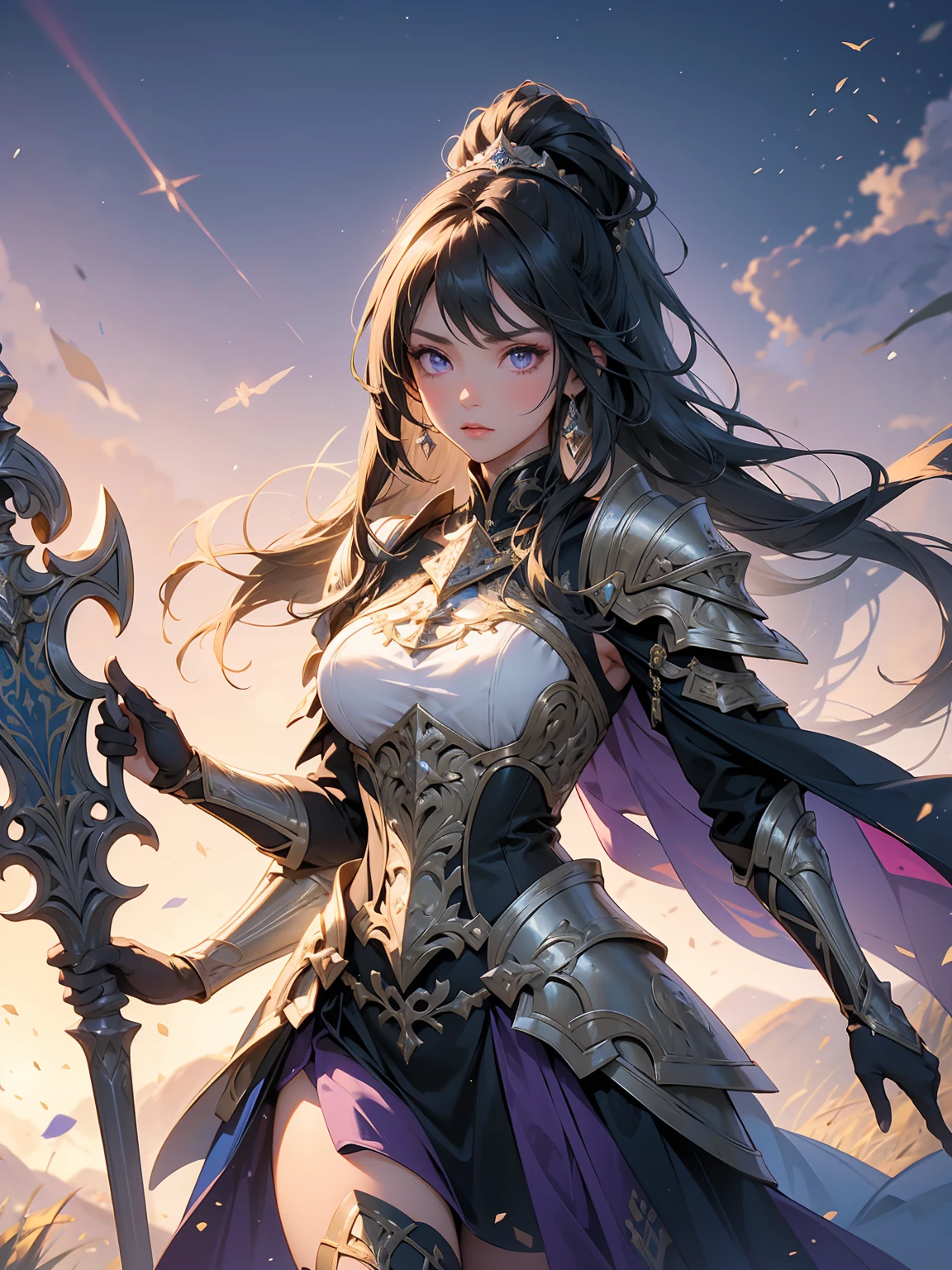 A majestic artwork of a graceful female paladin standing in a grand, medieval landscape. The full-body view reveals her adorned in exquisitely designed armor that combines elegance and strength. Her gleaming silver armor is intricately engraved with swirling patterns and symbols of protection and valor. The breastplate features delicate filigree and gem inlays, while her gauntlets and greaves are finely etched, catching the light with every movement. She wears an ornate, deep purple cape that flows gracefully behind her.

Her long black hair is tied in a sleek ponytail, cascading down her back, complementing her regal appearance. Her striking amethyst purple eyes, filled with resolve and determination, enhance her beauty and strength. She carries a beautifully crafted shield, embossed with intricate heraldic symbols and protective runes, its edges reinforced with gold trim. In her other hand, she wields a formidable mace, adorned with intricate engravings and inlaid gemstones that shimmer softly.

The background features a sprawling castle with tall spires against a dawn sky. Rolling hills and lush meadows stretch out before her, with a serene river winding through the landscape. Birds take flight in the early morning light, enhancing the sense of peace and anticipation.

The paladin stands poised and ready, embodying both grace and power, a guardian of the land and a beacon of hope for all who gaze upon her. Her presence is commanding and inspiring, a true paragon of beauty and strength.