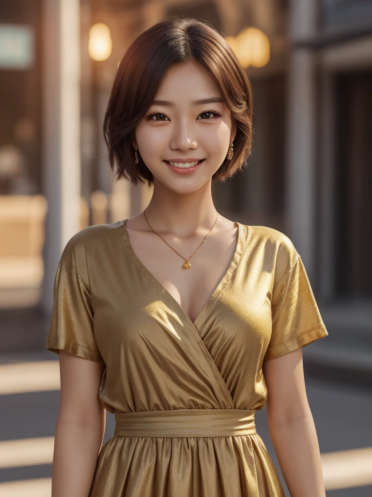 masterpiece, highest quality, official art, Highly detailed CG Unity 8K wallpaper, 1girl, ultra high resolution, (realistic), golden hour lighting, casual dress, (Upper body), (K-POP idol), (attractive), ((puffy eyes)), looking at the viewer, facing forward, smile, laughter, middle chest, shirt lift, short hair