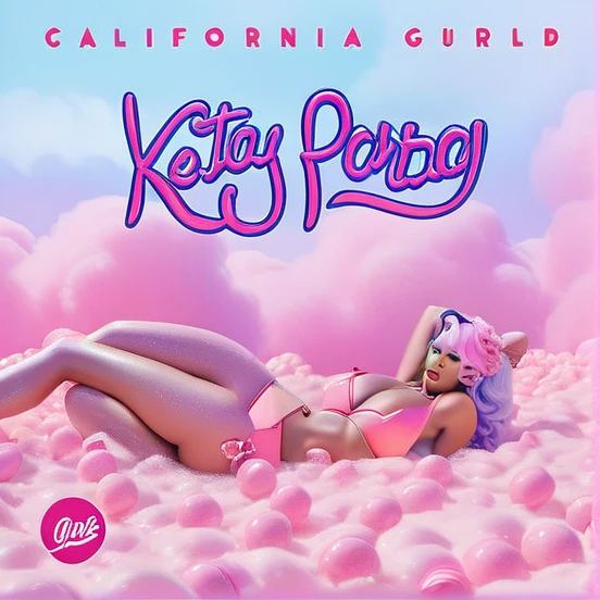 advertising poster, Promotional Photo of the Single Pop Rap CALIFORNIA GIRLS by the artist called Doja Cat, in the pink clouds dressed in bikinis, spread across the image various sweets, candies, lollipops, jellies, hair down to the feet, big ass, perfect body, landscape fantastic,