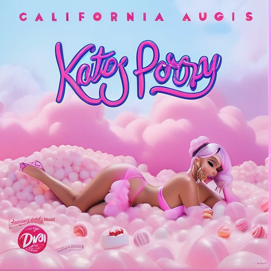 advertising poster, Promotional Photo of the Single Pop Rap CALIFORNIA GIRLS by the artist called Doja Cat, in the pink clouds dressed in bikinis, spread across the image various sweets, candies, lollipops, jellies, hair down to the feet, big ass, perfect body, landscape fantastic,