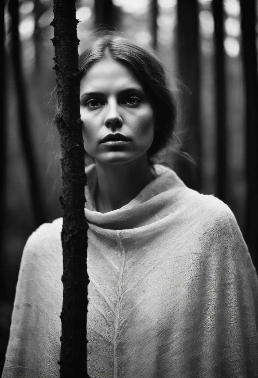 There is a woman, inspired by Anna Fussli, still photo, by Anna Fussli, half portrait, mysterious portrait of a woman, inspired by Ásgrímur Jónsson, by Atila Meszlenyi, by Louisa Matthíasdóttir, Woman in a dark forest. black and white photography, analogue photo