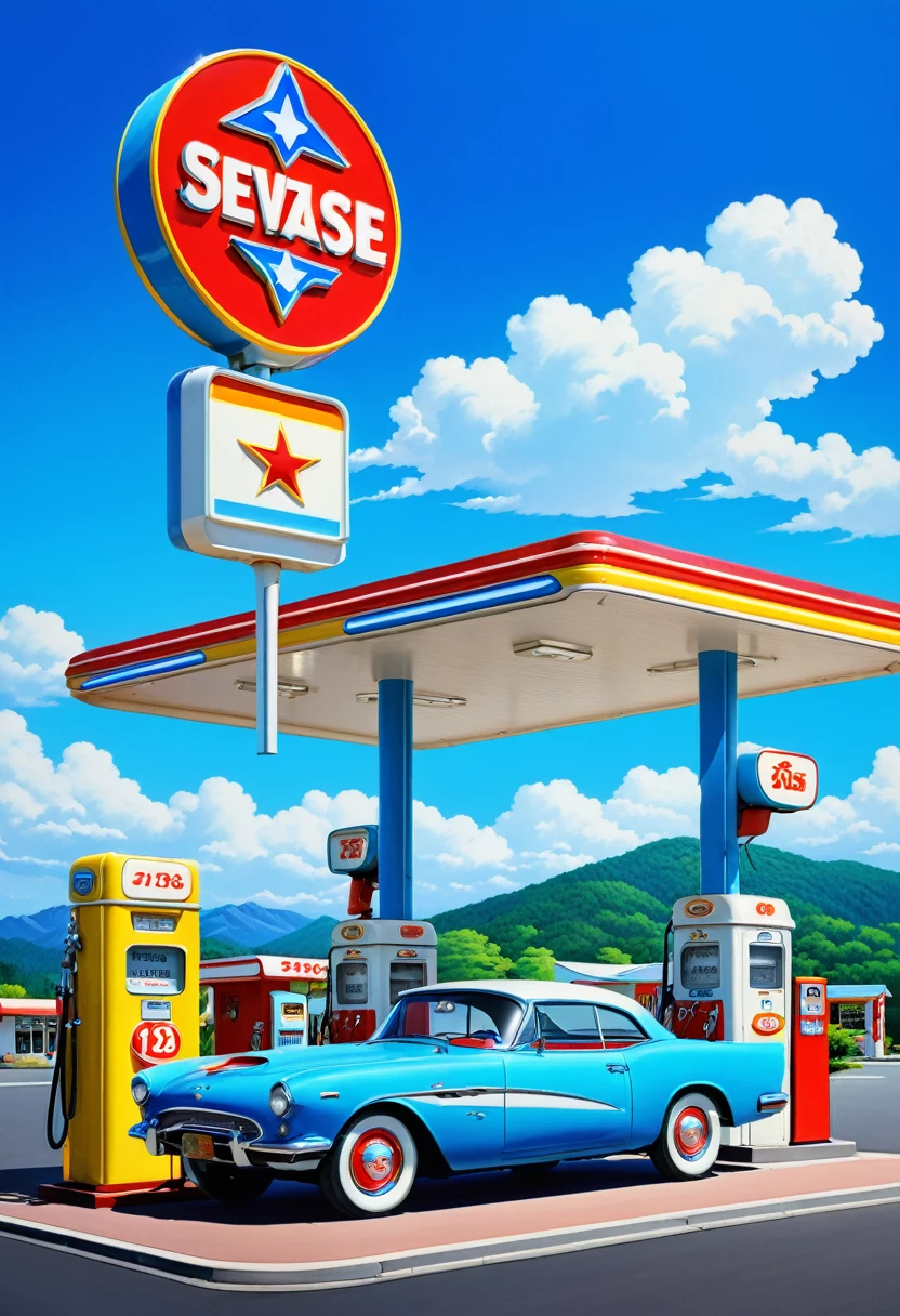 Seizo Watase style, summer gas station, blue sky, colorful sign, nostalgic atmosphere, retro car, bright colors