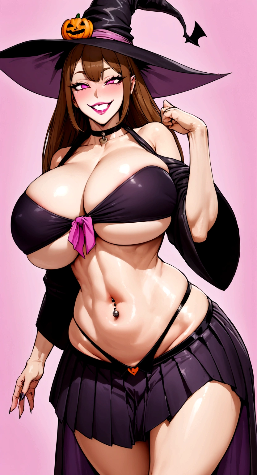 big lips, Brown hair, pink eyes, japanese face, improve, improve grin, two sides up, huge breasts, Wide hips, sexy, detailed, pink room, Hits, (evil smile1.4), kawaii, pleated skirt, halloween, GOOD, witch costume, witch skirt, witch shirt, choker, witch skirt, witch shirt, navel piercing,halloween, Witch hat
