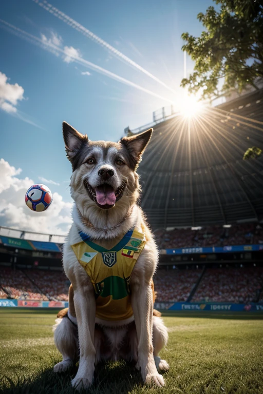 funny dog ​​with Brazilian national team shirt playing ball, god rays, cinematic lighting, backlighting, motion lines