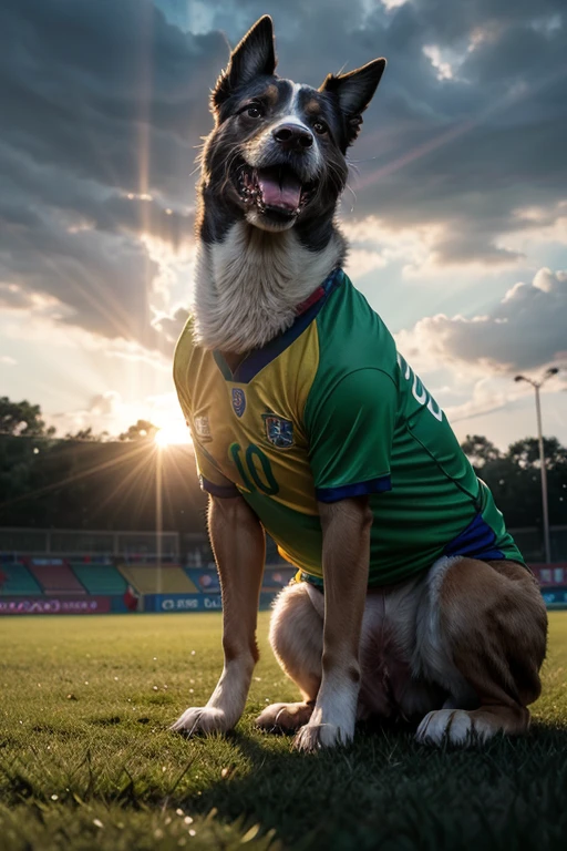 funny dog with Brazilian national team shirt playing ball, god rays, cinematic lighting, backlighting, motion lines