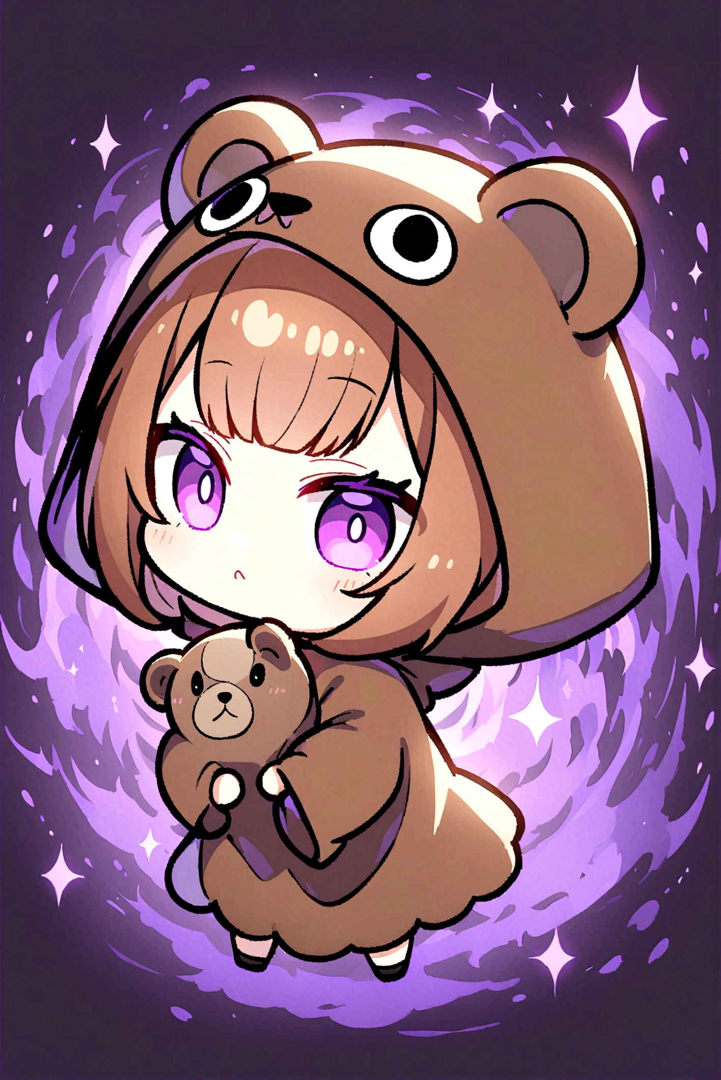 bangs bangs、Bangs、Crisp bangs、long brown hair、Wearing a dark brown bear hood、茶髪ロングのChibi Character、Wearing a dark brown bear ear hooded blanket、Purple Eyes、Purple betta background、Chibi Character、Holding a teddy bear、Bear face hood