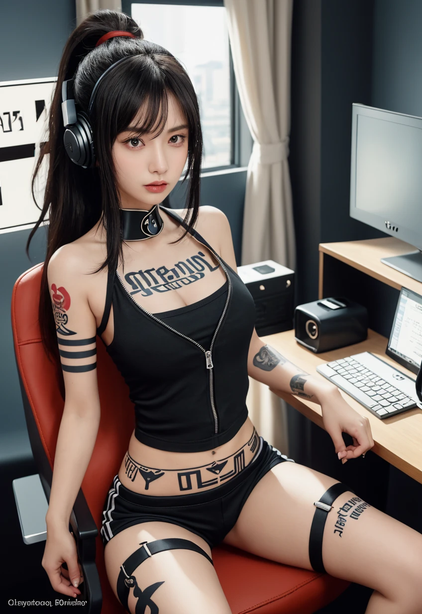 highest quality，masterpiece，8K, Beautiful woman，Chinese female，Expressionless，(Topless)，whole body，(tattoo)，Black slacks，female mafia，cyberpunk city，night，