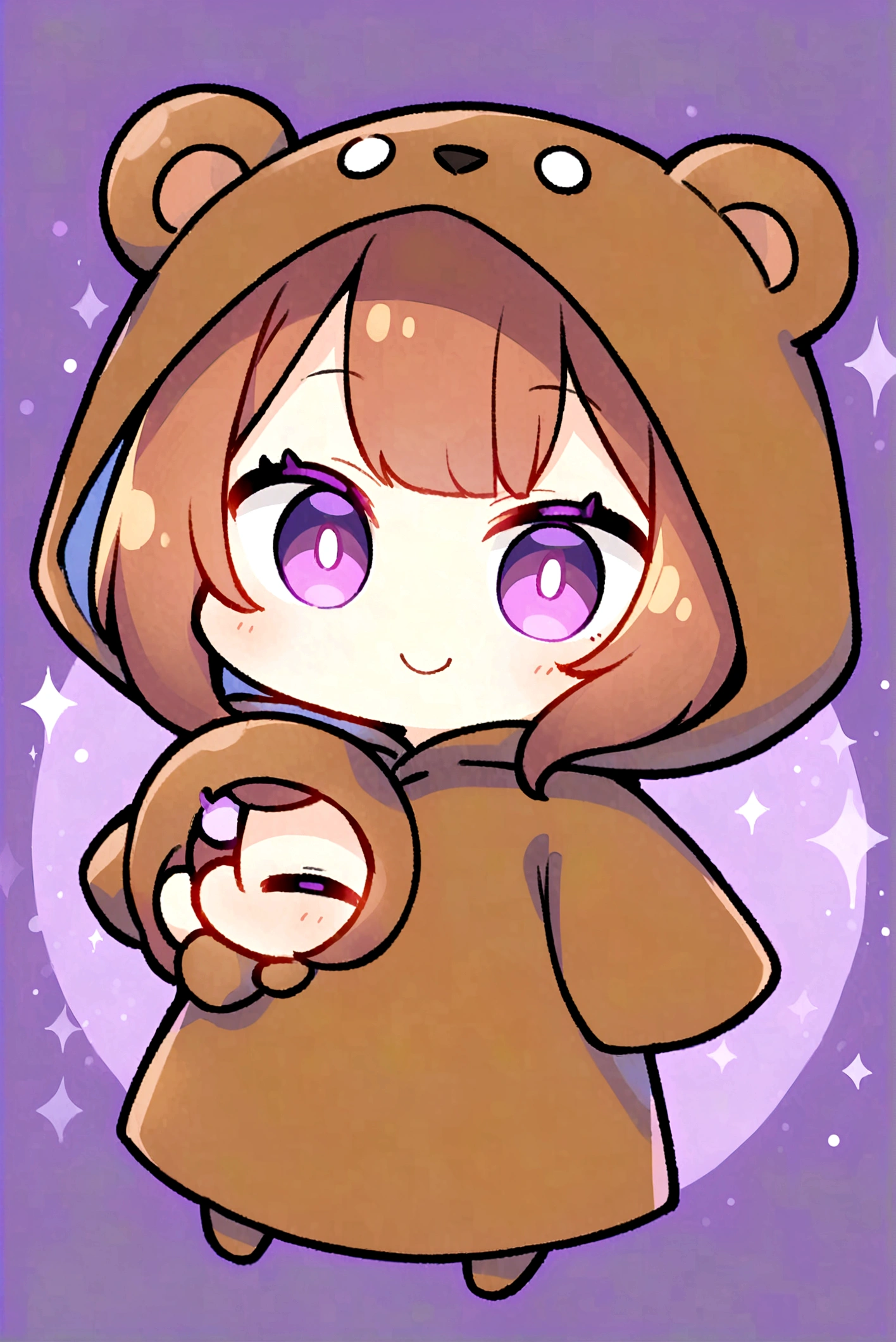 smile、smile、bangs bangs、Bangs、Crisp bangs、long brown hair、Wearing a dark brown bear hood、茶髪ロングのChibi Character、Wearing a dark brown bear ear hooded blanket、Purple Eyes、Purple betta background、Chibi Character、Holding a teddy bear