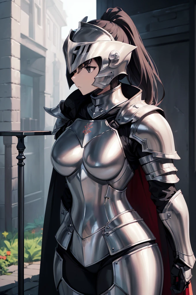 (masterpiece; best quality: 1.2), ((full armored knight woman)), ((solo)), (black eyes: 1.4), (body; toned, strong, femenine: 1.3), (beautiful and clear background: 1.2), ((depth of field)), (equipment: full plate full-black realistic armor + closed helmet with ponytail + black cape: 1.3), (anime illustration: 1.2), (background composition; garden exterior + furniture: 1.1), (extremely fine and beautiful: 1.1), (shot composition; standing + centered on torso + close-up: 1.5)