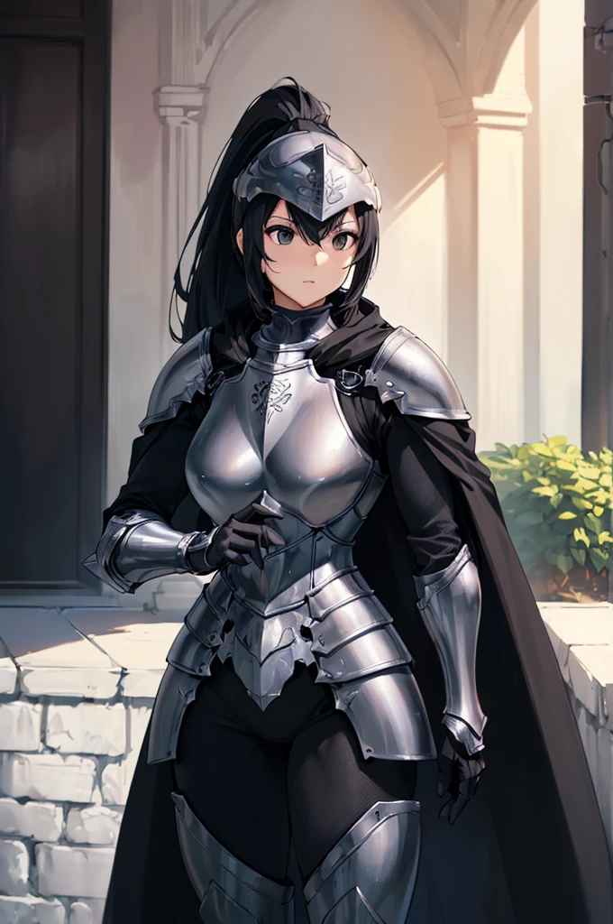 (masterpiece; best quality: 1.2), ((full armored knight woman)), ((solo)), (black eyes: 1.4), (body; toned, strong, femenine: 1.3), (beautiful and clear background: 1.2), ((depth of field)), (equipment: full plate full-black realistic armor + closed helmet with ponytail + black cape: 1.3), (anime illustration: 1.2), (background composition; garden exterior + furniture: 1.1), (extremely fine and beautiful: 1.1), (shot composition; standing + centered on torso + close-up: 1.5)