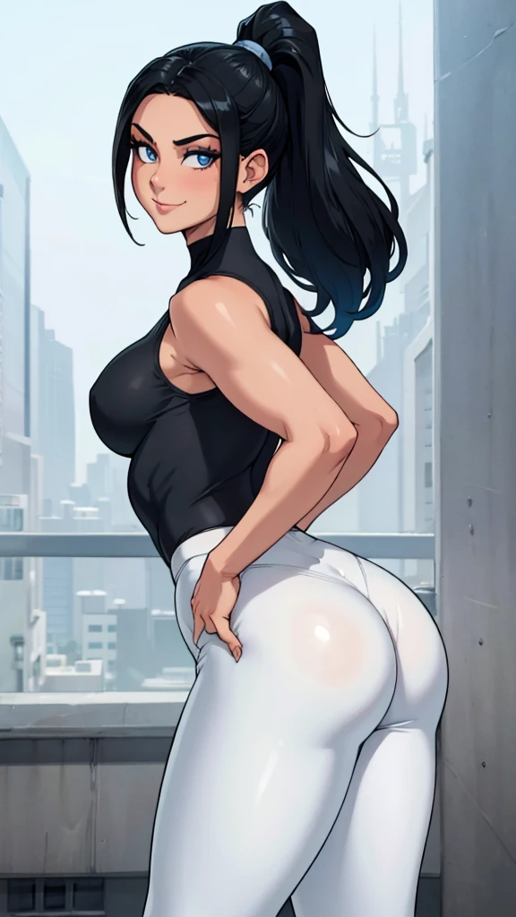 Black hair girl with a ponytail, standing looking at the ground with an air of superiority. She has a big ass, small breasts and wearing white leggings. muscular girl, naughty smile. detailded, beautiful  face, blue colored eyes. 