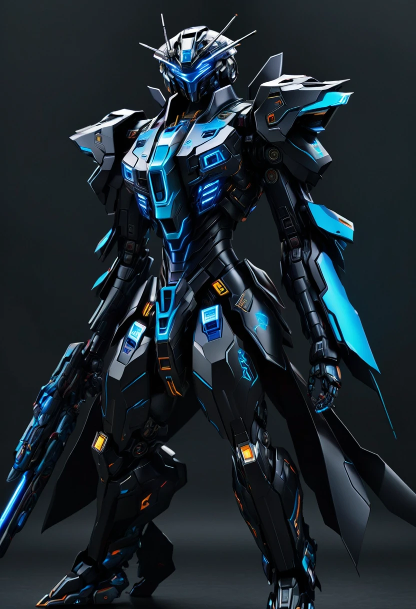 full body Black mecha with neon blue details, highlighting circuits and components, delegate mecha, neon daggers, mecha helmet with visor, light and flexible mecha armor with binary codes, long and thin mecha arm with metallic fingers, robust and articulated mecha pears with retractable thrusters, mecha with digital camouflage cloak,