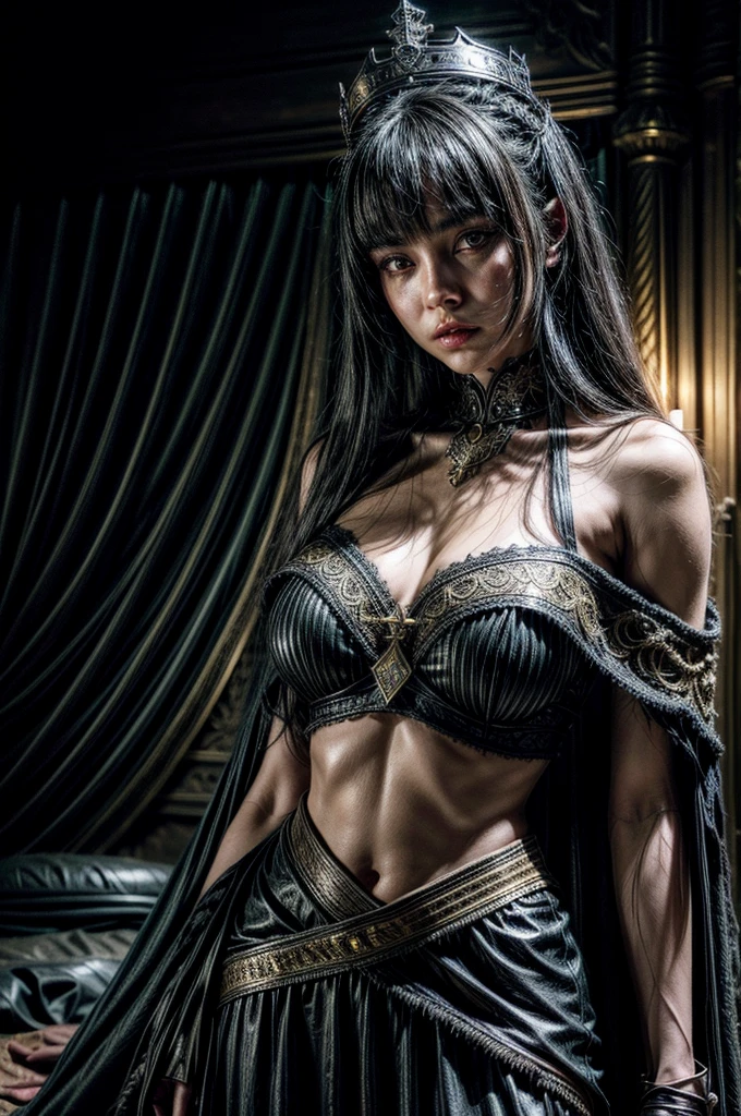 A latin woman with a dagger in her hand. She wears ornate, dark armor adorned with fur-lined shoulders, very small crown. Her expression is commanding, intense yellow eyes, flowing black hair, gotic castle background, medium and squishy breast, thin waist, blush, body complete