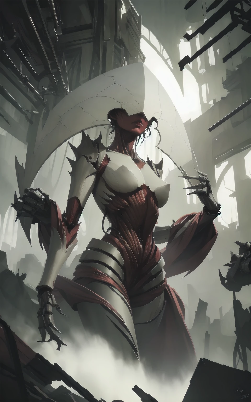 Elesh Norn, Mother of Machines, Phyrexia, detailed watercolor illustration, airbrush, hyper-realistic, intricate machinery, robotic parts, cyberpunk, dark and gritty, cold color palette, dramatic lighting, imposing figure, piercing gaze, flawless skin, elaborate headdress, flowing robes, ominous atmosphere, advanced technology, mechanical appendages, highly detailed and textured, masterpiece, photorealistic