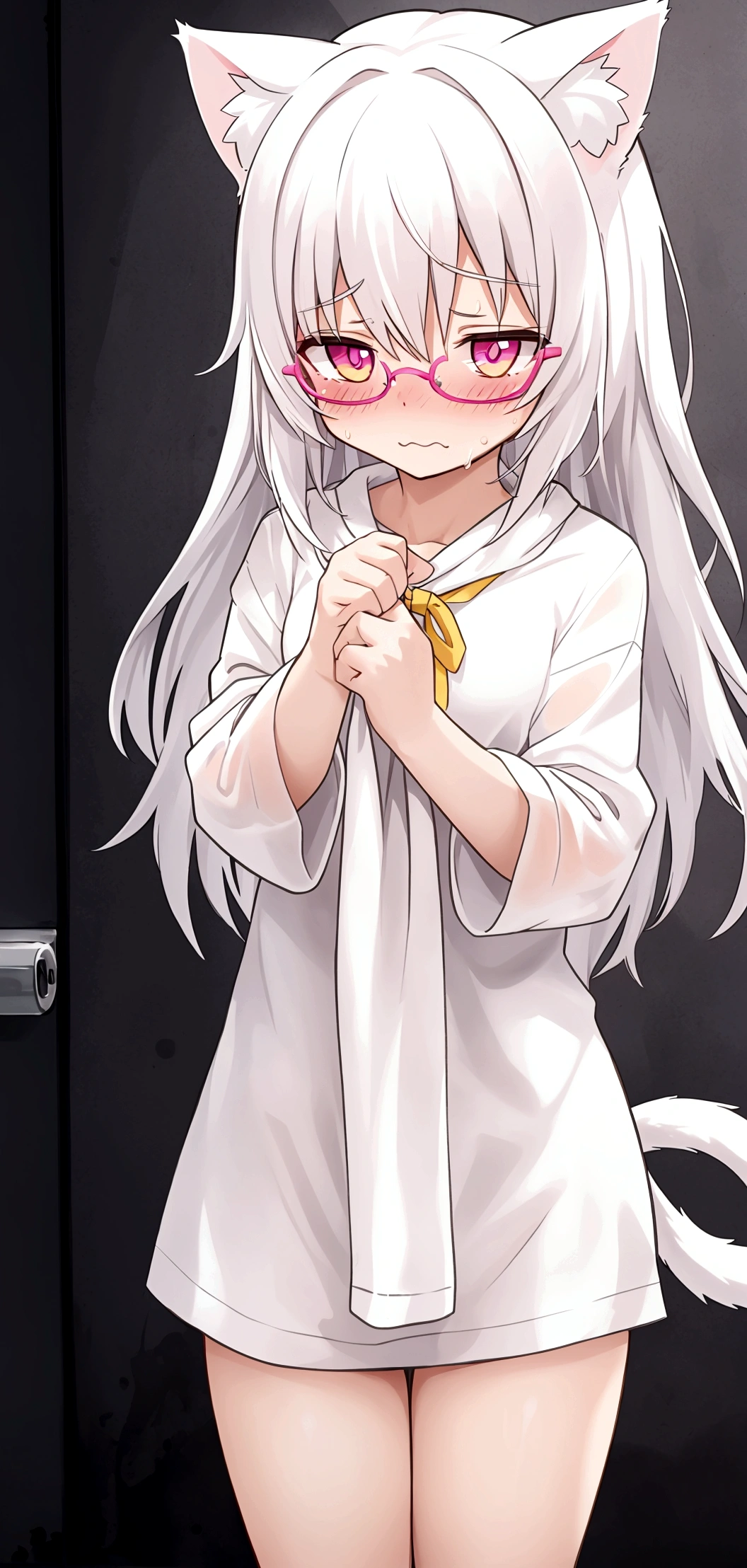 that has a fearful face, white hair, cat ears, yellow glasses and transparent super blushing pink eyes that has a towel around it and is in spaghetti and has a cat tail that is a super fearful girl