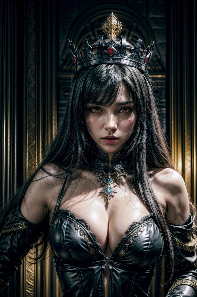 A woman with a dagger in her hand. She wears ornate, dark armor adorned with fur-lined shoulders, very small crown. Her expression is commanding, yellow eyes, flowing black hair, gotic castle background, medium and squishy breast, thin waist, blush