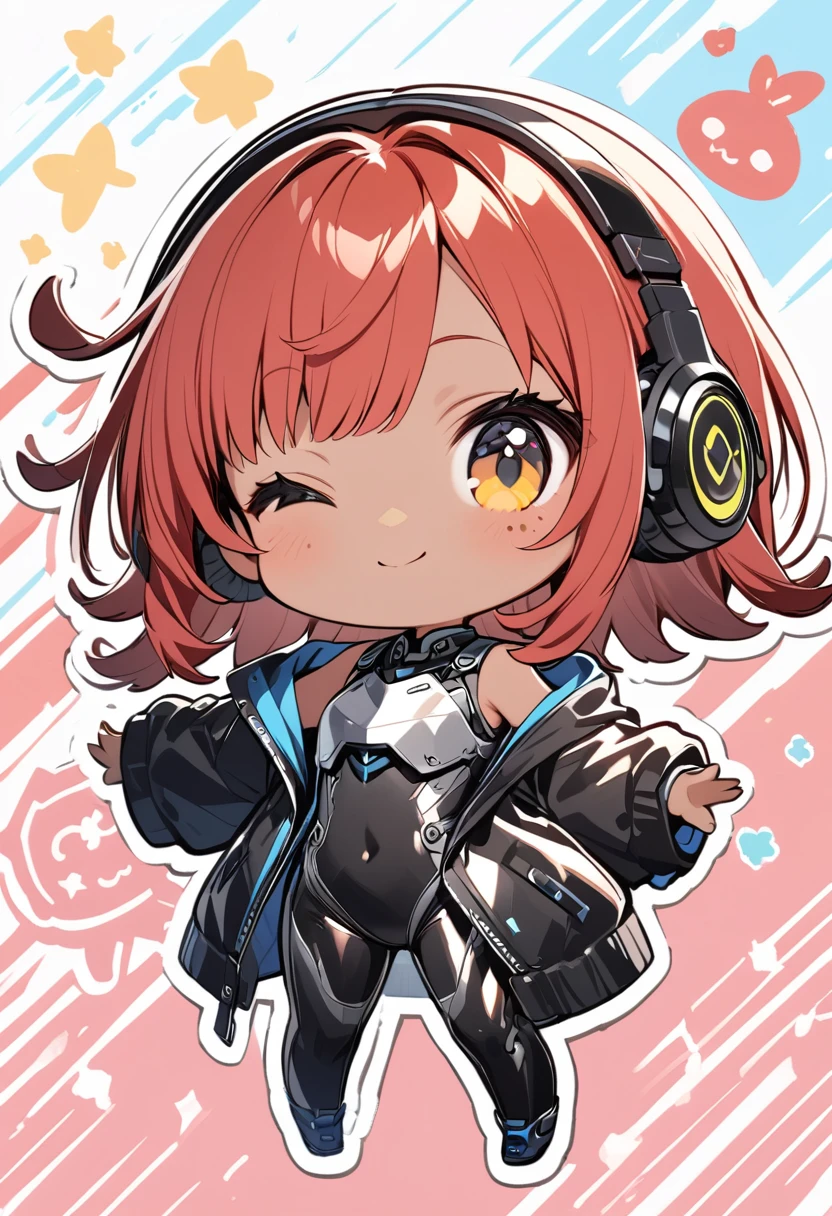 full body,1 girl,(cute:1.3),red Hair, left eye blue, right eye yellow, tan skin, freckles,{White breastplate, Black futuristic headphones, Mechanical black glossy metallic Bodysuit, Bare shoulders, oversized jacket, Glossy, shiny material,chibi emote, chibi character, cute pose