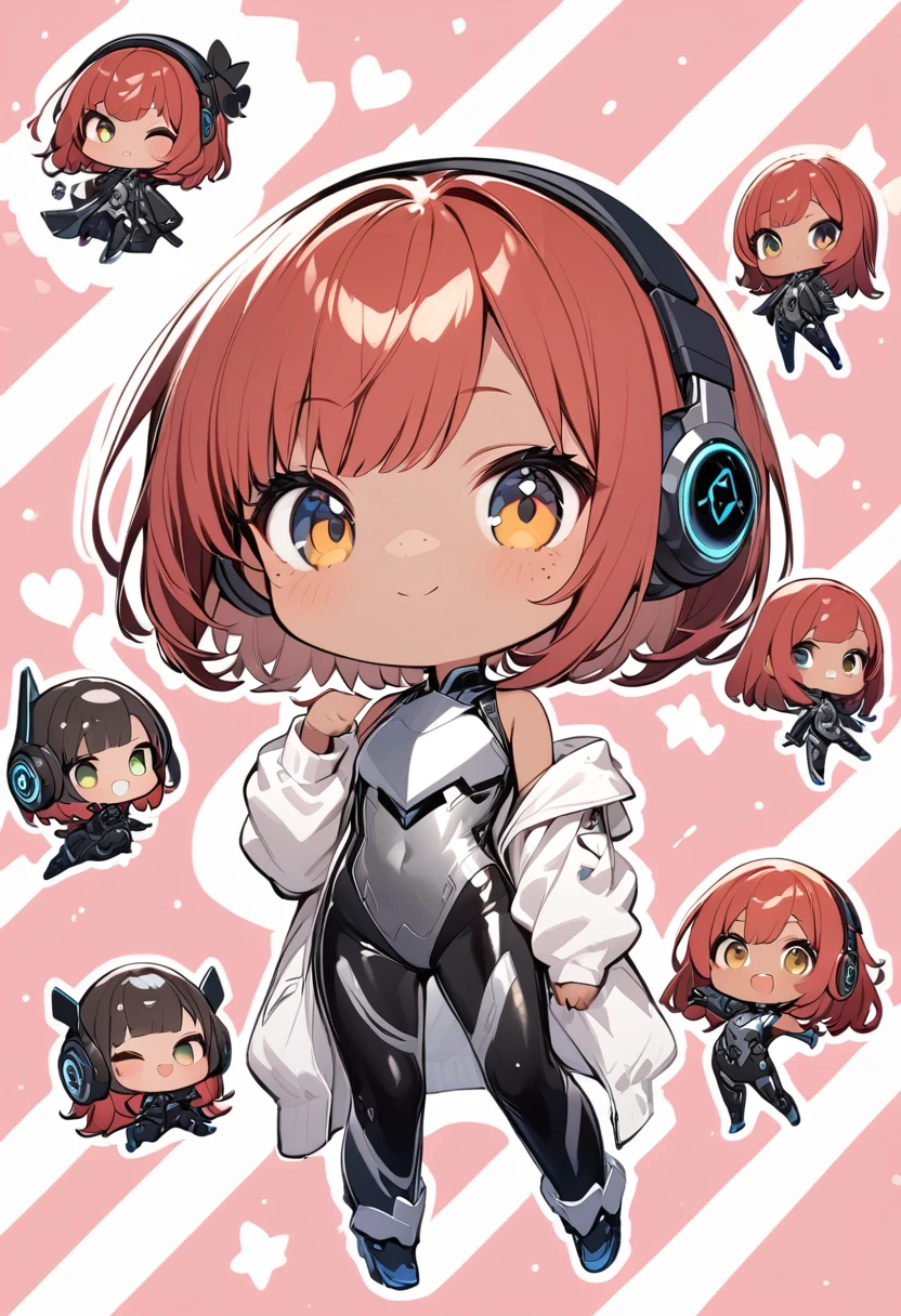full body,1 girl,(cute:1.3),red Hair, left eye blue, right eye yellow, tan skin, freckles,｛White breastplate, Black futuristic headphones, Mechanical black glossy metallic Bodysuit, Bare shoulders, oversized jacket, Glossy, shiny material,chibi emote, chibi character, cute pose
