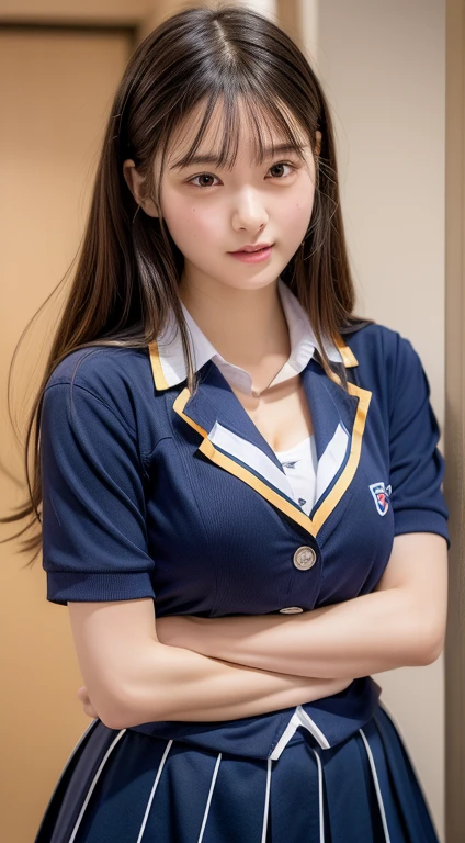 Graduation Ceremony、high school girl、uniform 、Navy jacket、Checkered pleated skirt、White shirt、Bedroom、Lying in bed、Perfect proportions、cute、((18-year-old female:1.2))、Young and adorable Japanese face，Big Breasts, valley, Official Art，Highly detailed CG Unity 8K wallpaper，（masterpiece:1.0),(Highest quality:1.0), High resolution,4K,Very detailed, photo shoot, 8K, nsfw, High resolution, Kodak Portrait 400, Film Grain, Lens flare brilliance, Professional Lighting,Cinematic Light, View your viewers