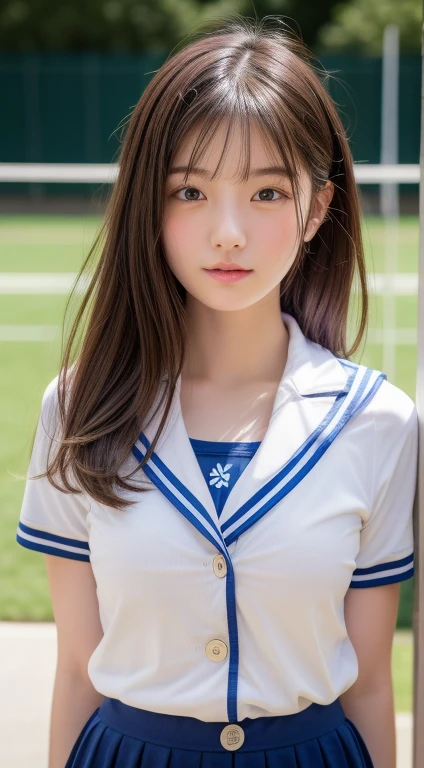 Enhanced Dynamic Perspective,Cute beautiful girl,JK ,Simple Background,Masterpieces,high quality,4K resolution,Ultra-fine,More about pubic hair,Accurate,Cinema Lighting,Volleyball Club、Keep the original face proportions、(Flat Chest)、((Button Gap)) squat, Cleavage、high school girl、uniform