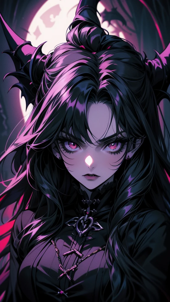 Close-up of a long-haired woman in black clothes, Vampire Girl, 1 7 -  - old me Goth Girl, Devil Anime Girl, Gothic Maiden Anime Girl, Goth Girl, Devil Girl, Dark Goth Queen, Dark Vampire, Gothic Girl, Villainess, perfect Draw, Vampire Queen, Goth Cat Girl Portrait, Draw