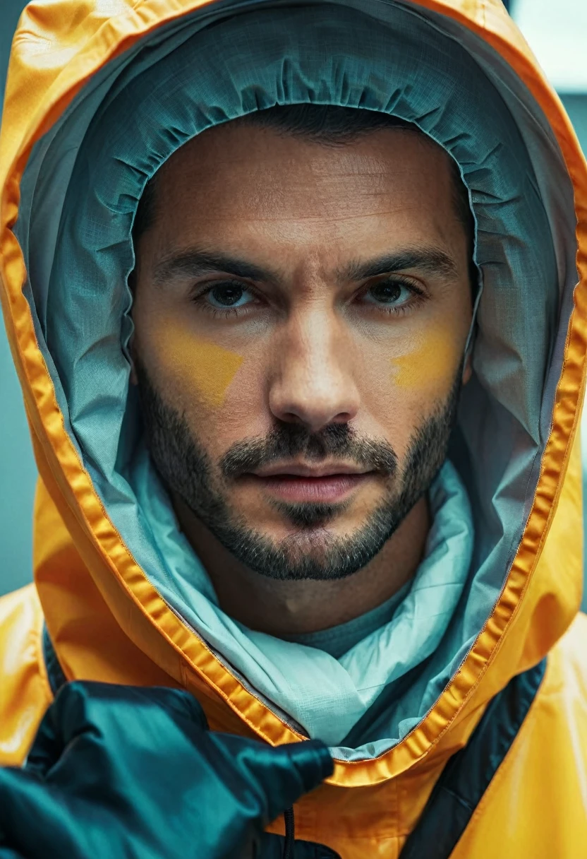 A stunning intricate full color picture of a handsome man, wearing a a hazmat suit, isolated art bacground, closeup,, epic character composition,by ilya kuvshinov, alessio albi, nina masic,sharp focus, subsurface scattering, f2, 35mm, film grain, selfie