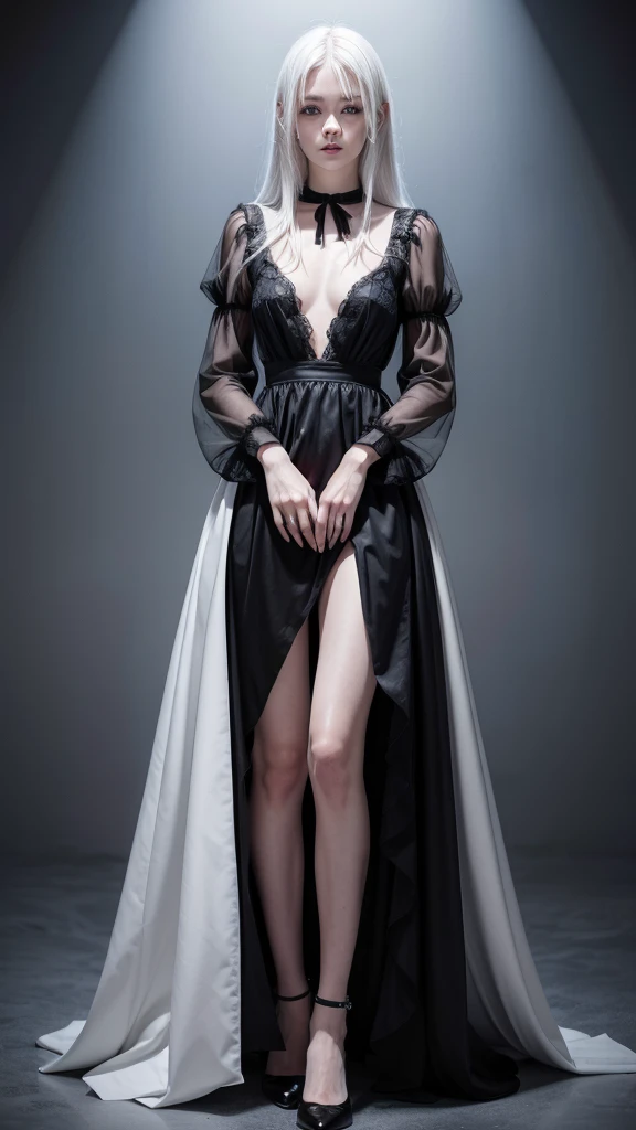 female teenager with white hair, white skin and blue eyes with black dress full body