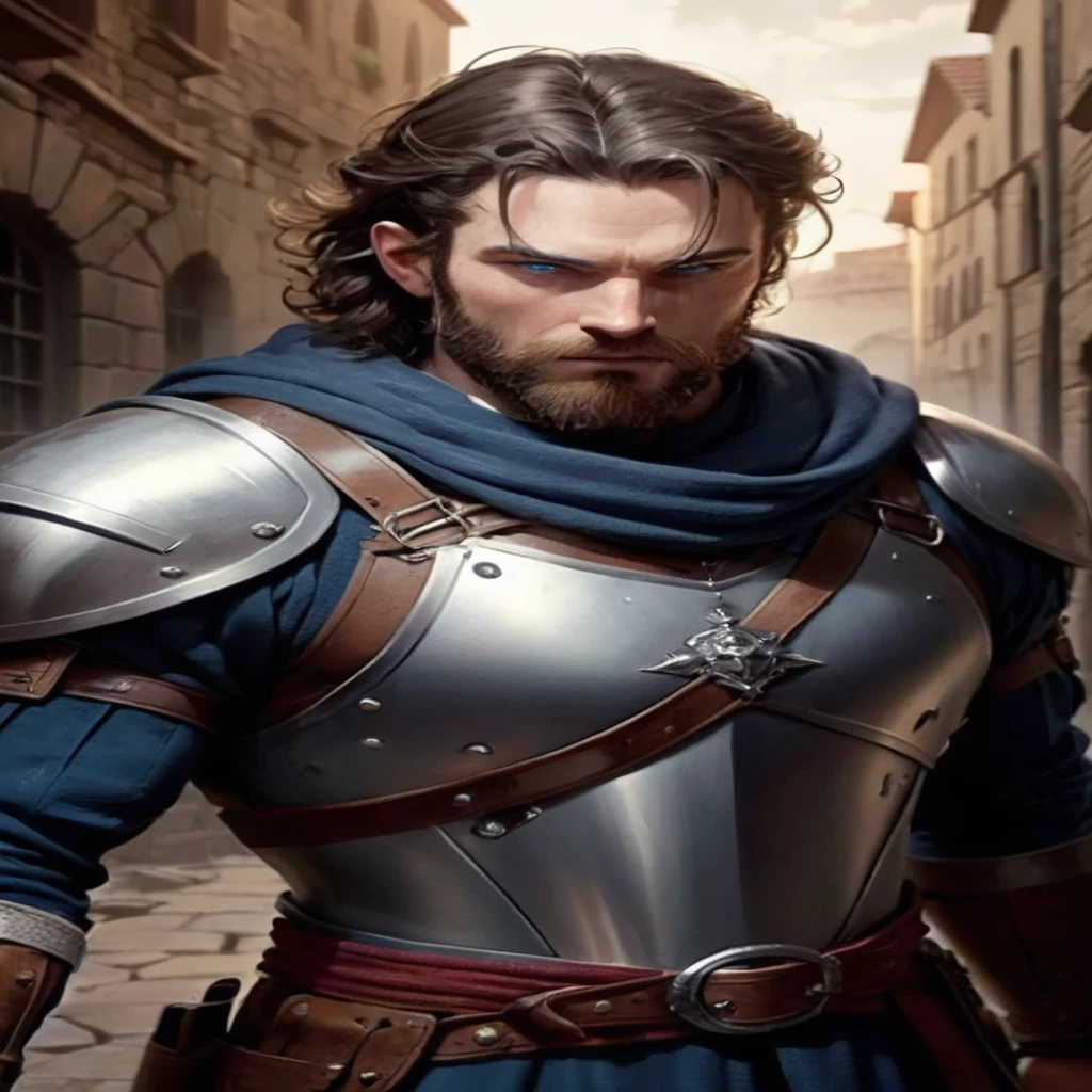 A man with a longsword. He is a veteran mercenary Warrior wearing a breastplate over leather armour. He is pale. He has blue eyes and a long brown beard. His hair is short and slightly curly. he is in his late 30s. Background - medieval city at night, raining