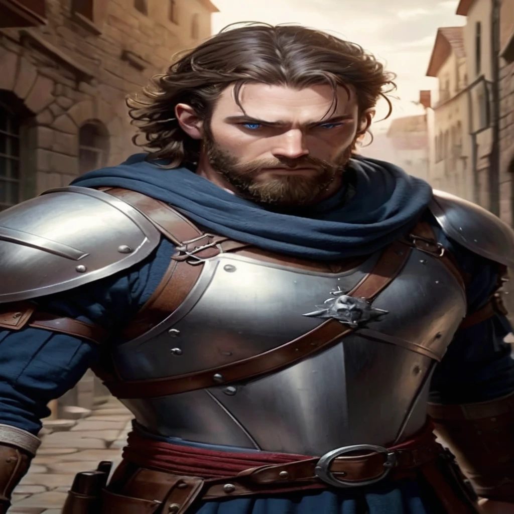 A man with a longsword. He is a veteran mercenary Warrior wearing a breastplate over leather armour. He is pale. He has blue eyes and a long brown beard. His hair is short and slightly curly. he is in his late 30s. Background - medieval city at night, raining