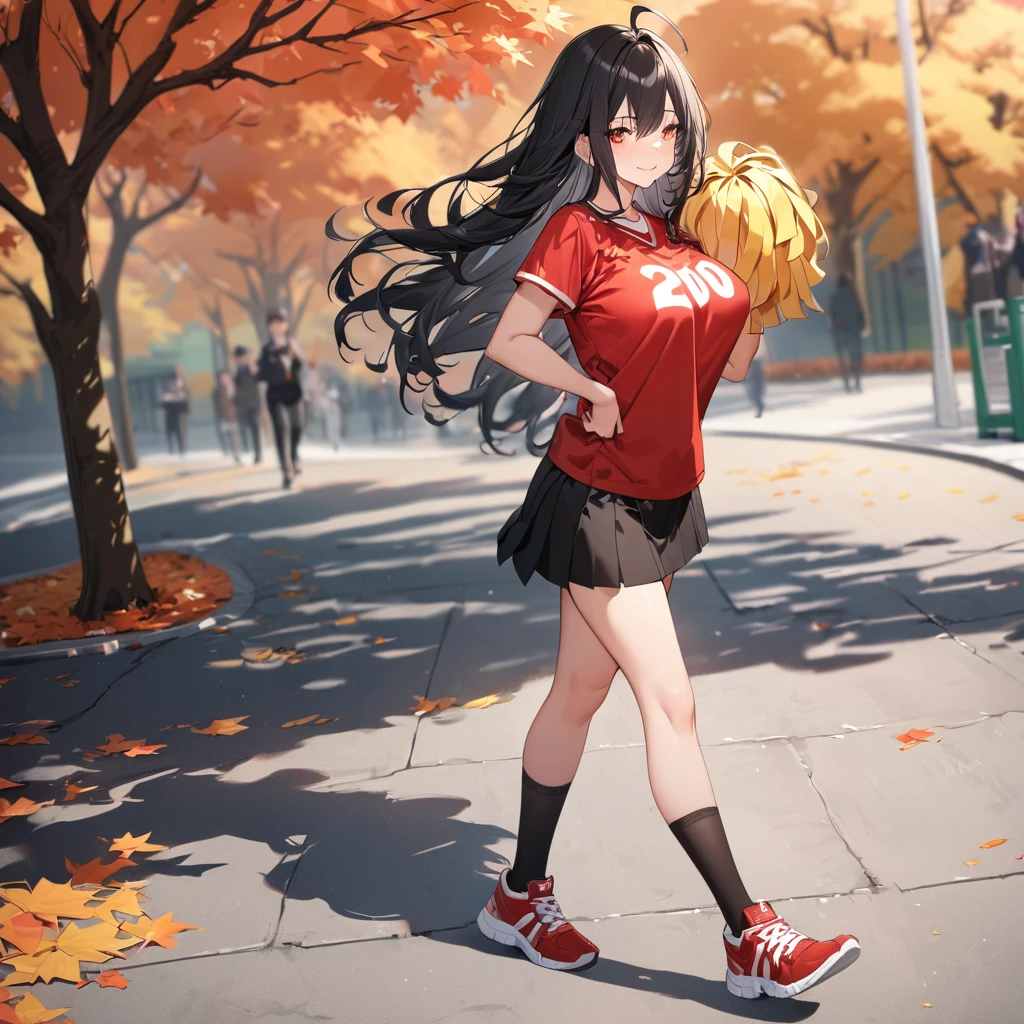 A woman wearing a red sports shirt, with a white number 20 on the shirt, black skirt, cheerleader style, long black socks, sports sneakers, with a pair of red materialized pompoms in her hands, large breasts, black hair, long hair, ahoge, red eyes, smiling, walking on concrete sidewalk in a park in autumn weather, stadium in the background, standing, UHD, exquisite work, accurate skin, anatomically correct, textured, super details, high quality, best quality, 8k , high resolution, bokeh effect. (woman alone)

