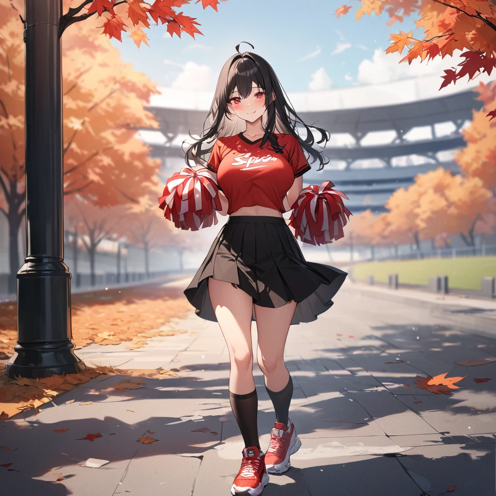 A woman wearing a red sports shirt, with a white number 20 on the shirt, black skirt, cheerleader style, long black socks, sports sneakers, with a pair of red materialized pompoms in her hands, large breasts, black hair, long hair, ahoge, red eyes, smiling, walking on concrete sidewalk in a park in autumn weather, stadium in the background, standing, UHD, exquisite work, accurate skin, anatomically correct, textured, super details, high quality, best quality, 8k , high resolution, bokeh effect. (woman alone)
