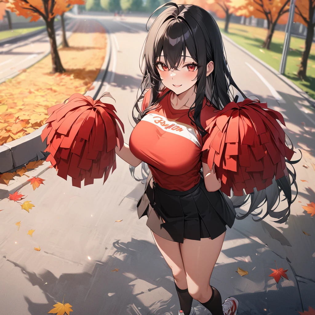 A woman wearing a red sports shirt, with a white number 20 on the shirt, black skirt, cheerleader style, long black socks, sports sneakers, with a pair of red materialized pompoms in her hands, large breasts, black hair, long hair, ahoge, red eyes, smiling, walking on concrete sidewalk in a park in autumn weather, stadium in the background, standing, UHD, exquisite work, accurate skin, anatomically correct, textured, super details, high quality, best quality, 8k , high resolution, bokeh effect. (woman alone)
