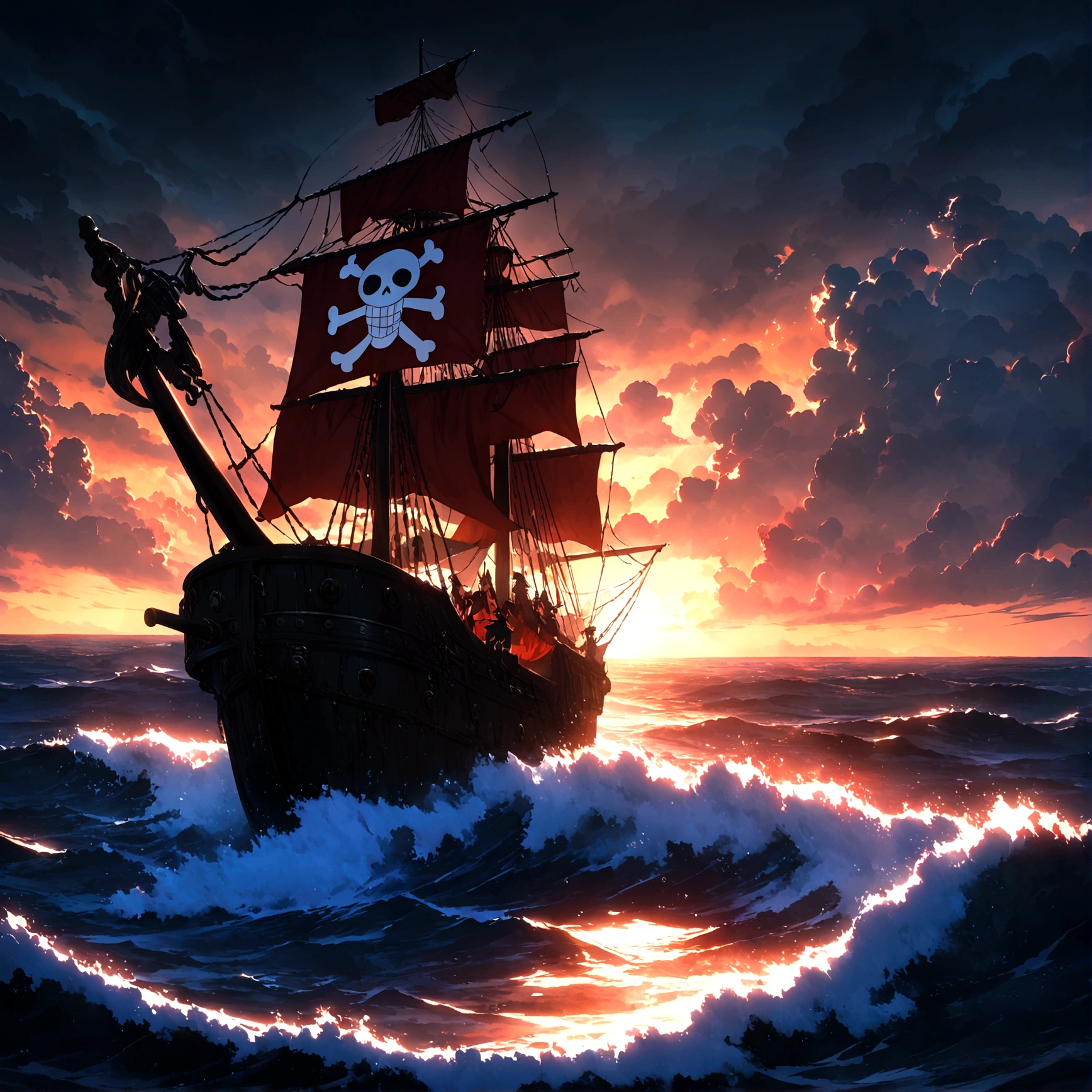 Large pirate ship, Dark wood with red details, Red flag with a red skull, Black sails, Stormy ocean background, "Anime features inspired by One Piece, drenched in dramatic and incredible lighting, Dramatic lighting, infused with creative details, Ultra-fine 2D design, scenery bathed in creativity, bathed in creativity, boasting HD anime resolution clarity, HD anime graphics, high-octane rendering"
