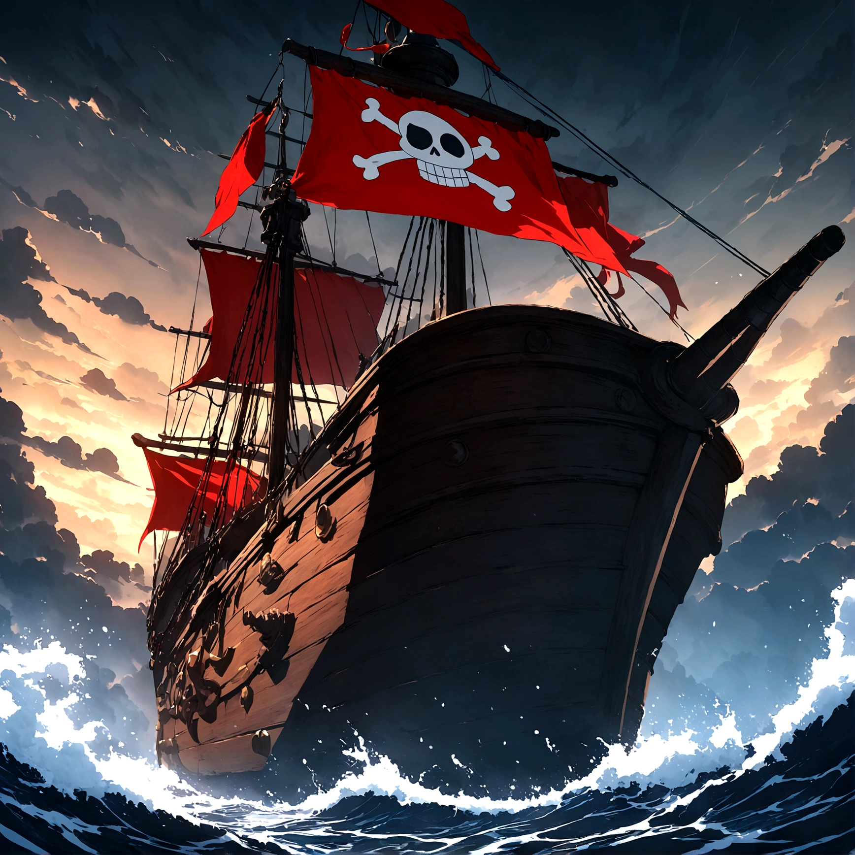Large pirate ship, Dark wood with red details, Red flag with a red skull, Black sails, Stormy ocean background, "Anime features inspired by One Piece, drenched in dramatic and incredible lighting, Dramatic lighting, infused with creative details, Ultra-fine 2D design, scenery bathed in creativity, bathed in creativity, boasting HD anime resolution clarity, HD anime graphics, high-octane rendering"