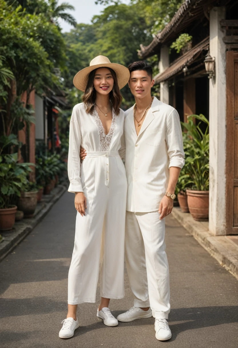 candid fashion photography of young man and woman, both aged 20 year old, ((showcase fashion look book in a White rayon outfits)), inspired by Zara's resort collection 2020 in elegant young bohemian style. The man wears an oversized short-sleeved bowling white shirt with a pocket details, paired with relaxed-fit white Sports Wide Leg Baggy short and Drawstring, He completes his look with white sneakers, sunglasses and bracelet. The woman complements him in a white Ankle-length dress in a rayon with delicate lace insets, V-shaped neckline, covered buttons down the front and an open section, (with spaghetti shoulder straps), Gathered tiers down the skirt and a scalloped hem, Her ensemble includes an accessorizes with a wide-brimmed straw hat, white sneakers and necklace. Captured in a low angle, ((full-body image)), The photograph is taken with a Canon EOS R camera using an 85mm f/1.8 lens at an f/2.2 aperture, utilizing natural light. Employing three-point lighting and incorporating 3D animation shadows enhances his features and adds depth to the composition. The careful layering and arrangement of his body parts and surrounding objects ensure a flawless composition. This masterpiece celebrates the beauty of the male form and invites viewers to immerse themselves in a world of sophistication and charm. The seductive lighting and intricate details, combined with a dramatic composition, invite viewers to revel in the essence of a fun-filled day, brimming with joy and relaxation. Attention is meticulously paid to the layers and arrangement of his body parts and surrounding objects, ensuring correct body structure and photo distance. The romantic atmosphere, paired with a lively and extremely gorgeous of Chiangmai city background, enhances the overall allure of this exquisite image.