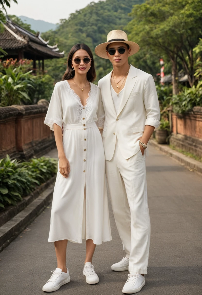 candid fashion photography of young man and woman, both aged 20 year old, ((showcase fashion look book in a White rayon outfits)), inspired by Zara's resort collection 2020 in elegant young bohemian style. The man wears an oversized short-sleeved bowling white shirt with a pocket details, paired with relaxed-fit white Sports Wide Leg Baggy short and Drawstring, He completes his look with white sneakers, sunglasses and bracelet. The woman complements him in a white Ankle-length dress in a rayon with delicate lace insets, V-shaped neckline, covered buttons down the front and an open section, (with spaghetti shoulder straps), Gathered tiers down the skirt and a scalloped hem, Her ensemble includes an accessorizes with a wide-brimmed straw hat, white sneakers and necklace. Captured in a low angle, ((full-body image)), The photograph is taken with a Canon EOS R camera using an 85mm f/1.8 lens at an f/2.2 aperture, utilizing natural light. Employing three-point lighting and incorporating 3D animation shadows enhances his features and adds depth to the composition. The careful layering and arrangement of his body parts and surrounding objects ensure a flawless composition. This masterpiece celebrates the beauty of the male form and invites viewers to immerse themselves in a world of sophistication and charm. The seductive lighting and intricate details, combined with a dramatic composition, invite viewers to revel in the essence of a fun-filled day, brimming with joy and relaxation. Attention is meticulously paid to the layers and arrangement of his body parts and surrounding objects, ensuring correct body structure and photo distance. The romantic atmosphere, paired with a lively and extremely gorgeous of Chiangmai city background, enhances the overall allure of this exquisite image.