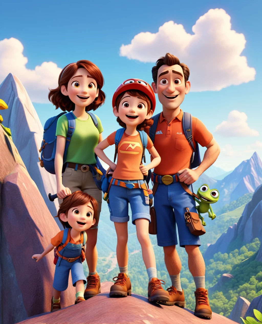 A happy family climbing a mountain, 3d pixar style