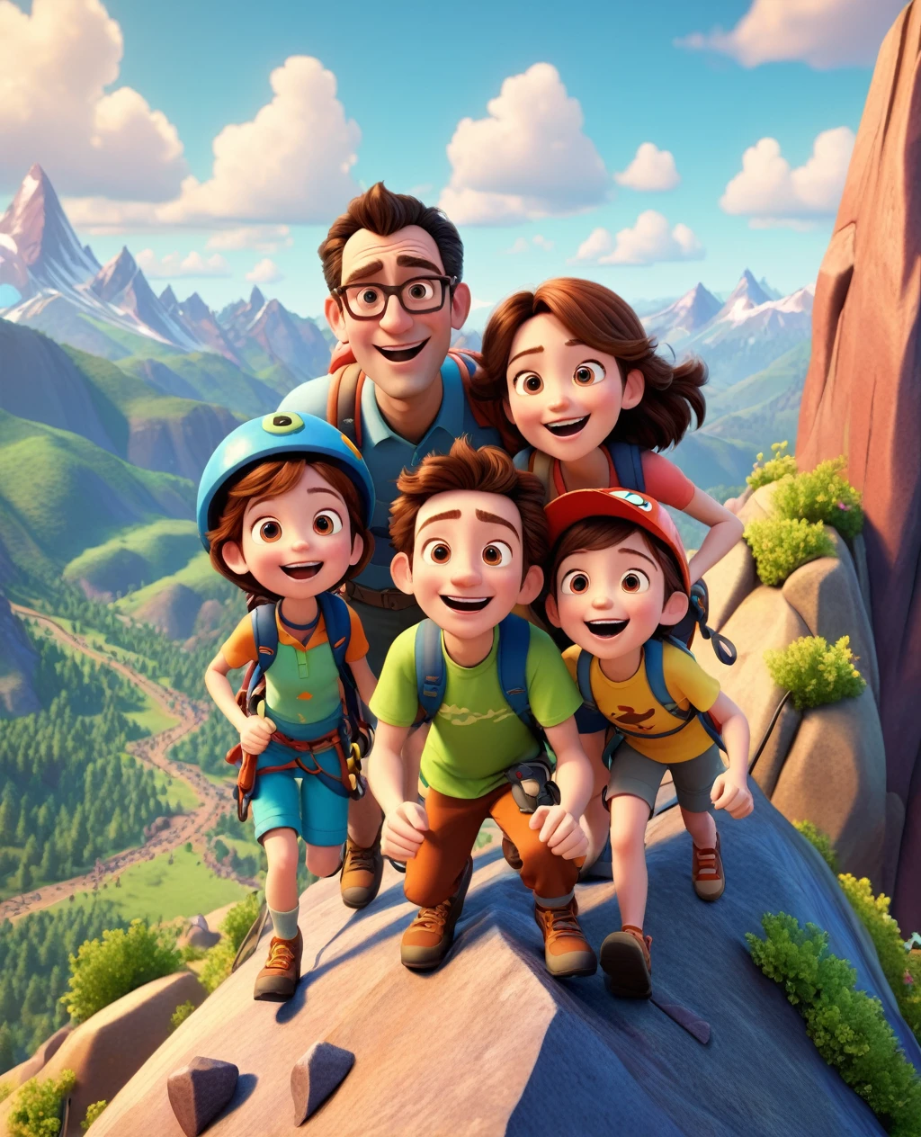 A happy family climbing a mountain, 3d pixar style