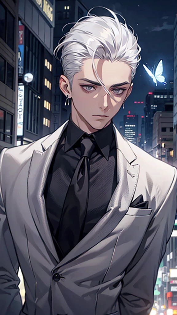 Adult man, white hair, silver eyes, slicked back, styled hair, silver suit, black tie, butterfly tie pin, silver earrings, front view, upper body, city, night city