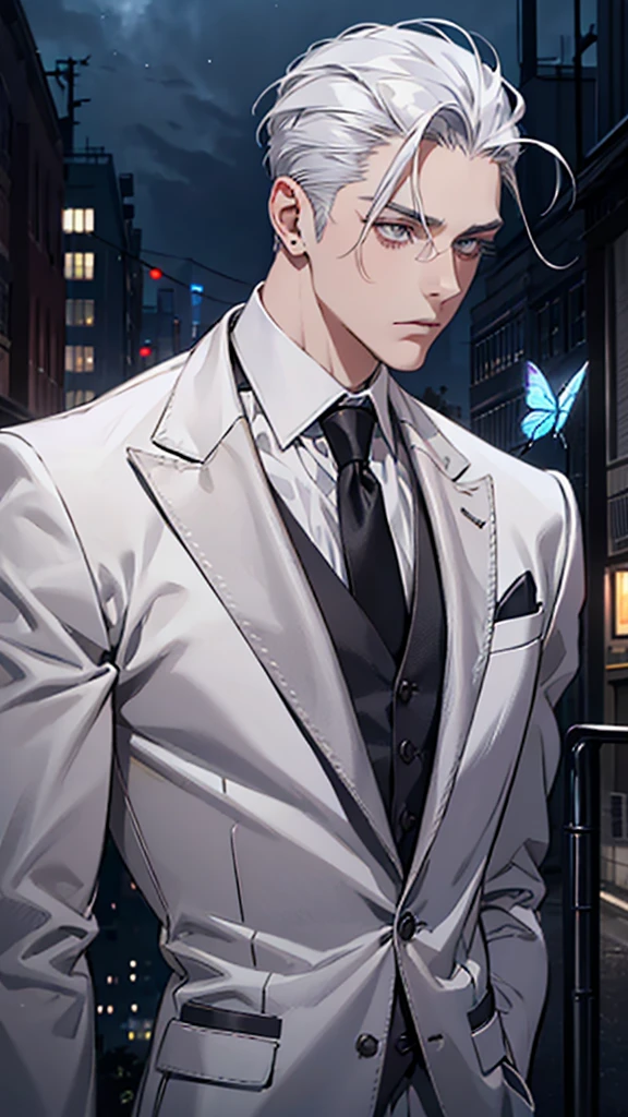 Adult man, white hair, silver eyes, slicked back, styled hair, silver suit, black tie, butterfly tie pin, silver earrings, front view, upper body, city, night city