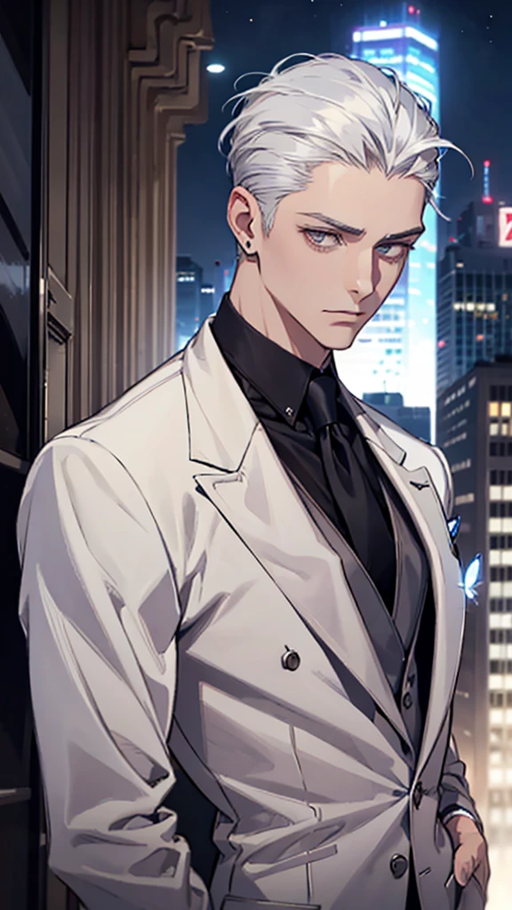 Adult man, white hair, silver eyes, slicked back, styled hair, silver suit, black tie, butterfly tie pin, silver earrings, front view, upper body, city, night city