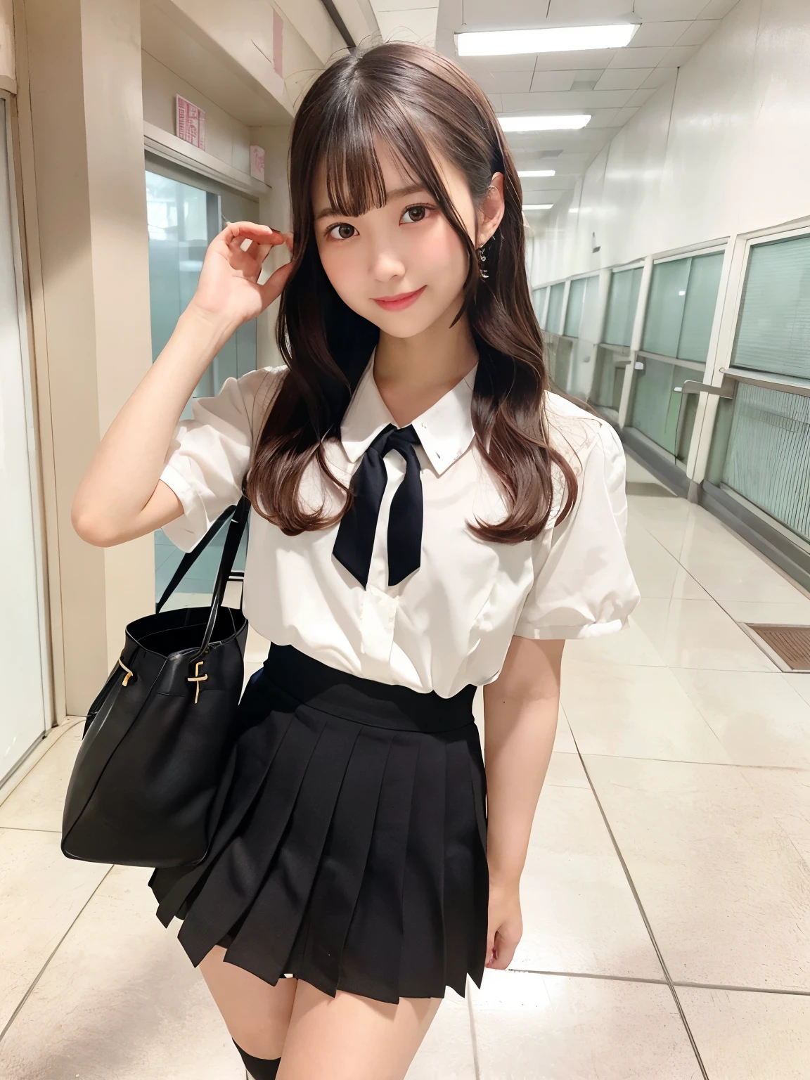 School corridor,Angle from the front,Japanese,Female student,Brown eyes,Semi-long hair,Dark brown hair,Blushing、White short sleeve blouse,Ribbon tie,school uniform,Check Pleated Skirt,mini skirt,White socks,Black Loafers,cute,Full Body,smile