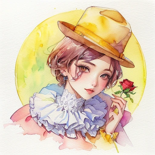 there is a drawing of a girl with a hat and a rose, clown girl, watercolor ink illustration, delicate androgynous prince, watercolor illustration style, watercolored, rich aquarel, watercolor illustration, watercolor pencil + ink drawing, watercolor artstyle, by Yanagawa Nobusada, colored sketch, colored ink drawing, by Junpei Satoh