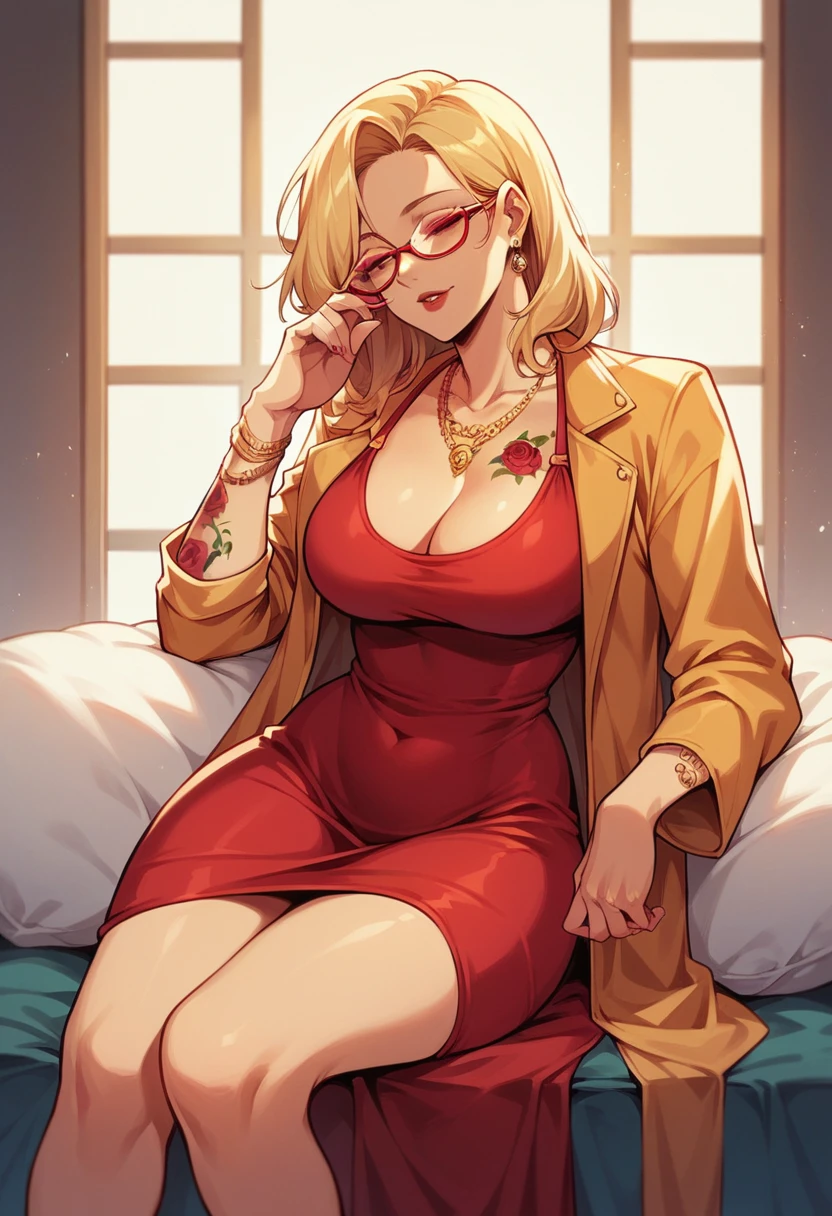 blonde hair woman, milf, red dress, golden necklaces, golden small jacket, red glasses, sit in sofácity, thin chin, morning, roses tattoos