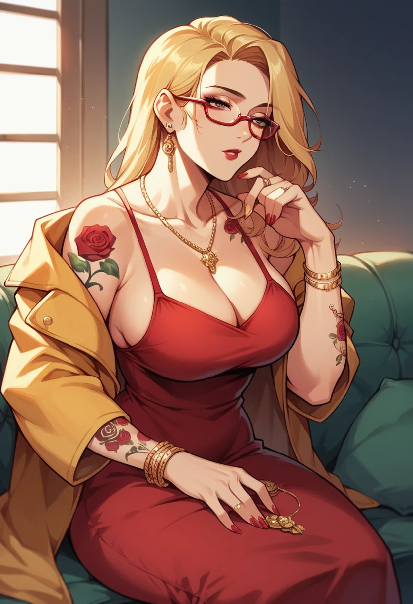 blonde hair woman, milf, red dress, golden necklaces, golden small jacket, red glasses, sit in sofácity, thin chin, morning, roses tattoos