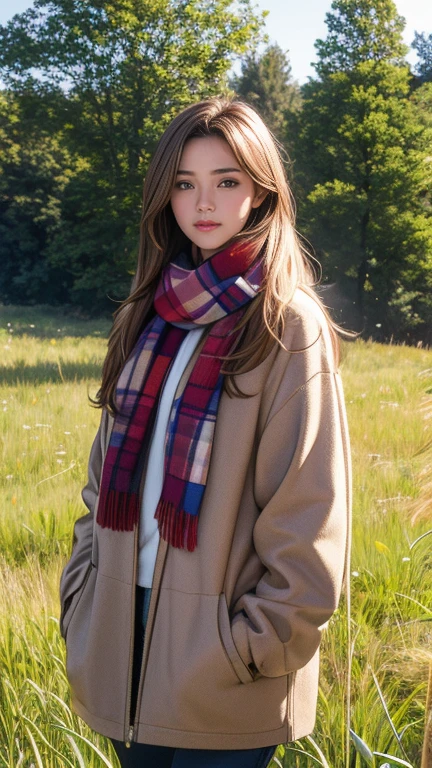 8K, Highest quality, masterpiece, Realistic, Super detailed, photo Realistic, Improvement of quality, Photo of a girl standing in a field wearing a scarf, The designer&#39;s dark and gloomy style, Large chunk, Photobash, Calm face, Jagged Edges, navy, Natural Beauty, Close-up shot