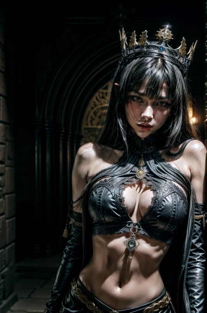 A woman with a dagger in her hand. She wears ornate, dark armor adorned with fur-lined shoulders, very small crown. Her expression is commanding, yellow eyes, flowing black hair, gotic castle background, medium and squishy breast, thin waist, blush