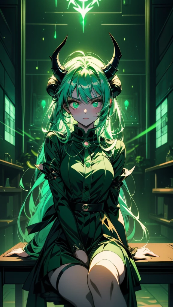 Anime Girls with horns and green eyes sitting on a table, green Glowing Eyes, Anime atmosphere, piercing Glowing Eyes, with Glowing Eyes, Glowing green eyes, Glowing Eyes, Anime Styled, Anime Style, Anime Girls, in Anime Style, Nightcore, Glowing Eyes everywhere, Emerald Eyes, Beautiful anime cat girl, mikudayo, very Glowing Eyes, magical Glowing Eyes