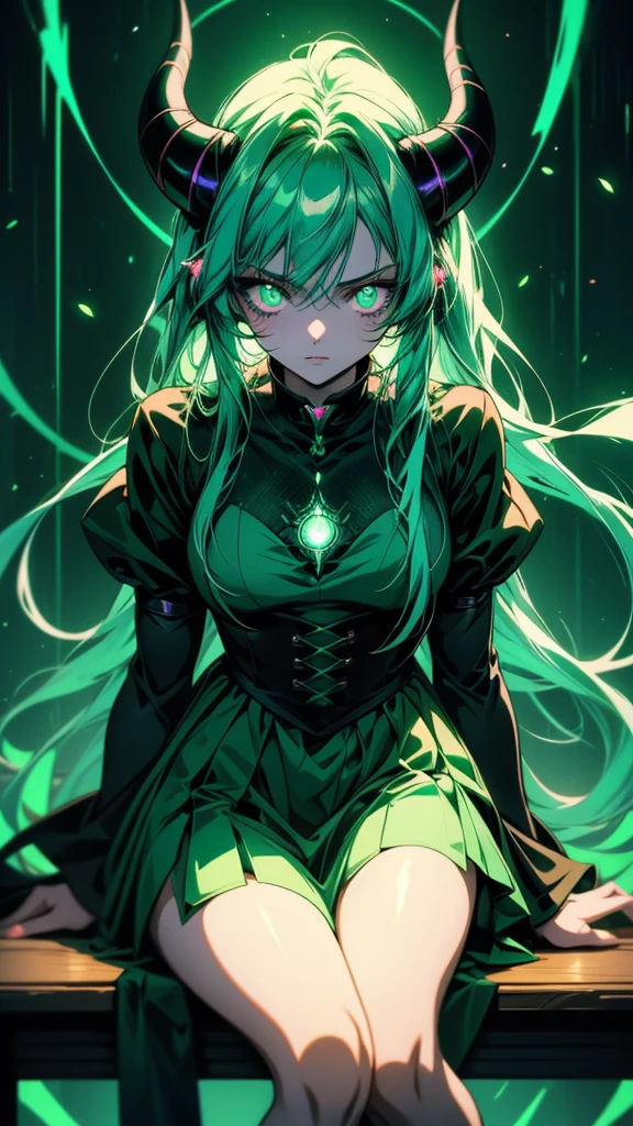 Anime Girls with horns and green eyes sitting on a table, green Glowing Eyes, Anime atmosphere, piercing Glowing Eyes, with Glowing Eyes, Glowing green eyes, Glowing Eyes, Anime Styled, Anime Style, Anime Girls, in Anime Style, Nightcore, Glowing Eyes everywhere, Emerald Eyes, Beautiful anime cat girl, mikudayo, very Glowing Eyes, magical Glowing Eyes